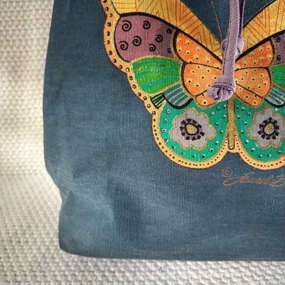 Laurel Burch Blue Denim Purple Drawstring Pull Handpainted Butterfly Backpack - Picture 3 of 13